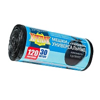 Мешки для мусора 120 л, с ушками, черные, в рулоне 30 шт., ПНД, 15 мкм, 1100х700 мм, Крепак, 4607075710375 в Усинске
